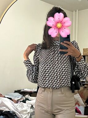 H&M Black and White Geometric High-Neck Puff-Sleeve Blouse | XS Business Casual